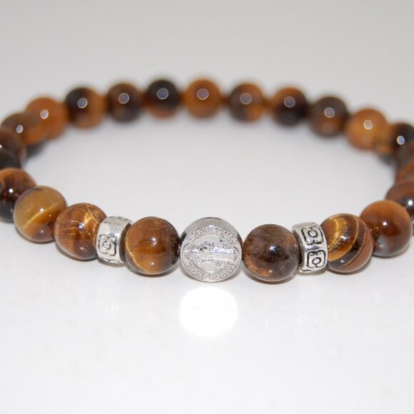 St Benedict Bracelet,Tiger Eye Bracelet,St. Benedict Medal,Protection,Faith - Picture 1 of 2